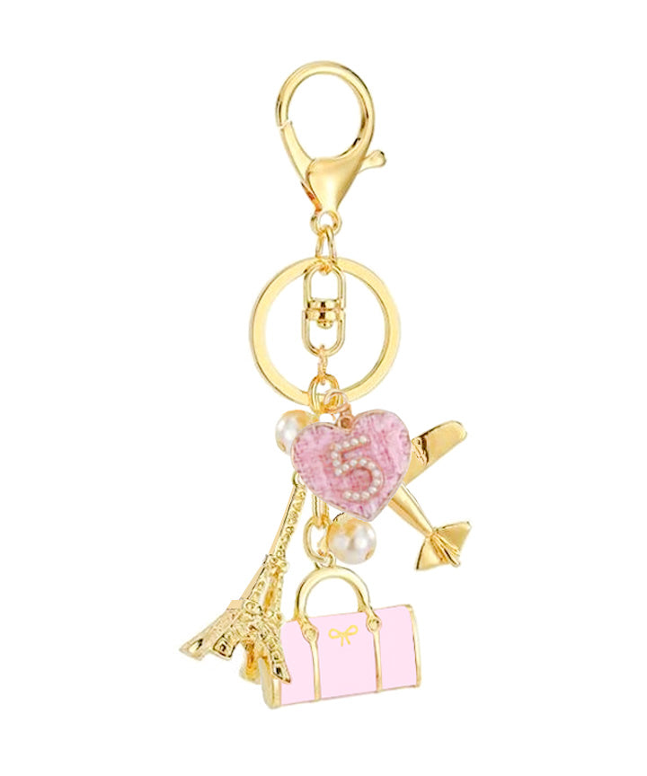 Pink Paris Keychain, Pink and Gold Charm Keychain, Gold Charm Keychain