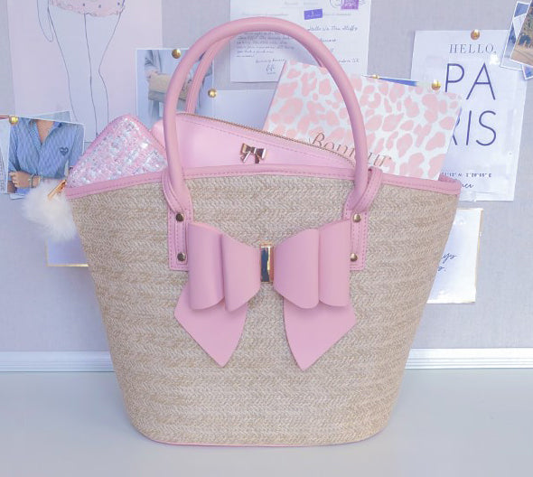 Buy the Womens Pink Quilted Bow Semi Chain Strap Inner Zip Pocket Tote Bag