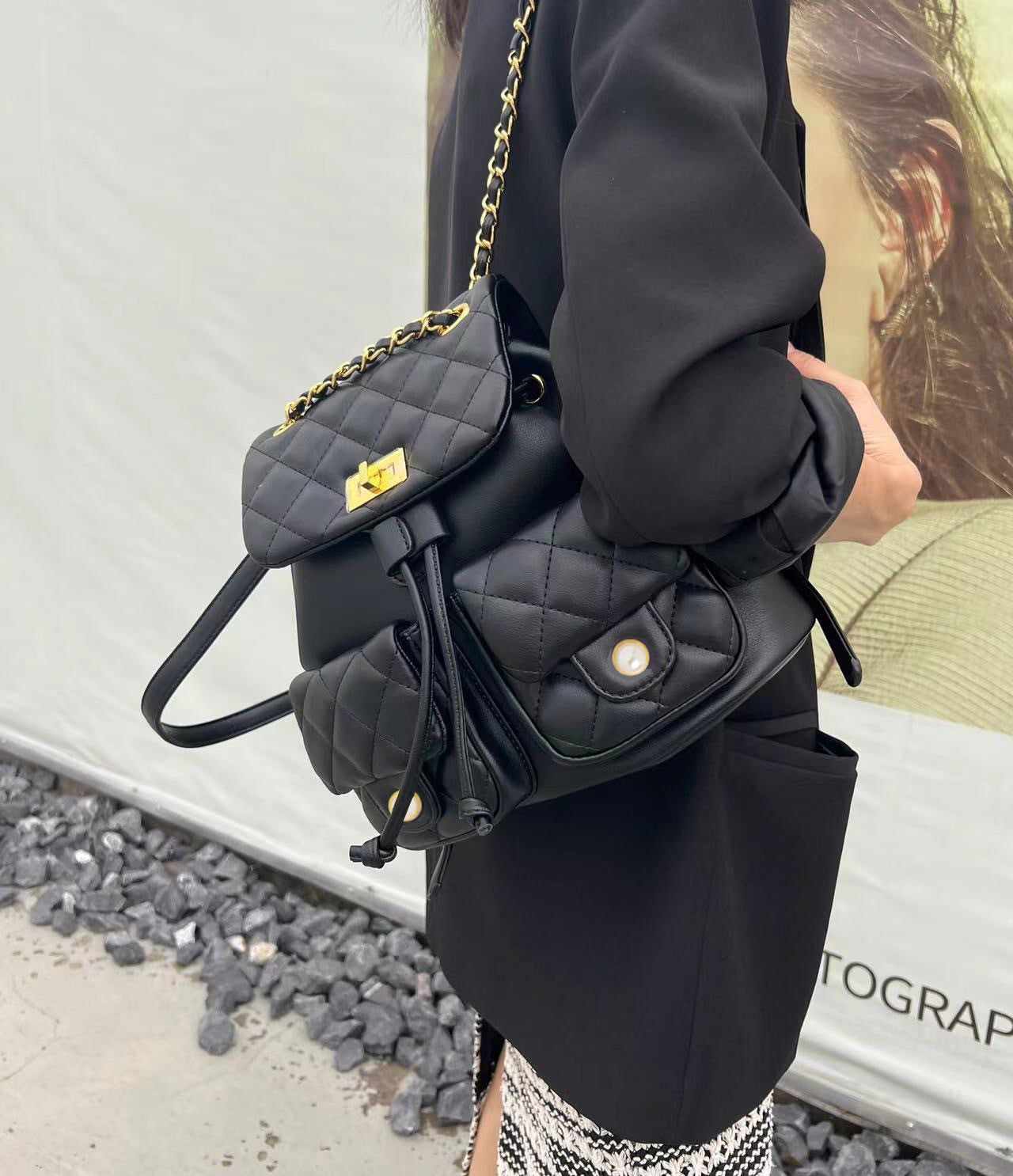 Black Leather Backpack Bag | Black Quilted Bag | Black Quilted Drawstring Bag |Black Handbag