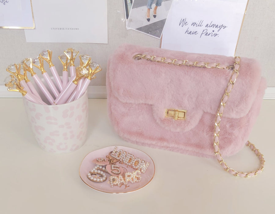 LUXURY PINK FAUX FUR FLAP BAG