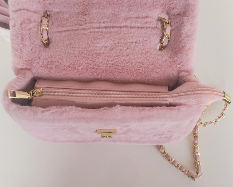 LUXURY PINK FAUX FUR FLAP BAG