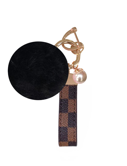 NEW! BROWN CHECKERED POM KEYCHAIN