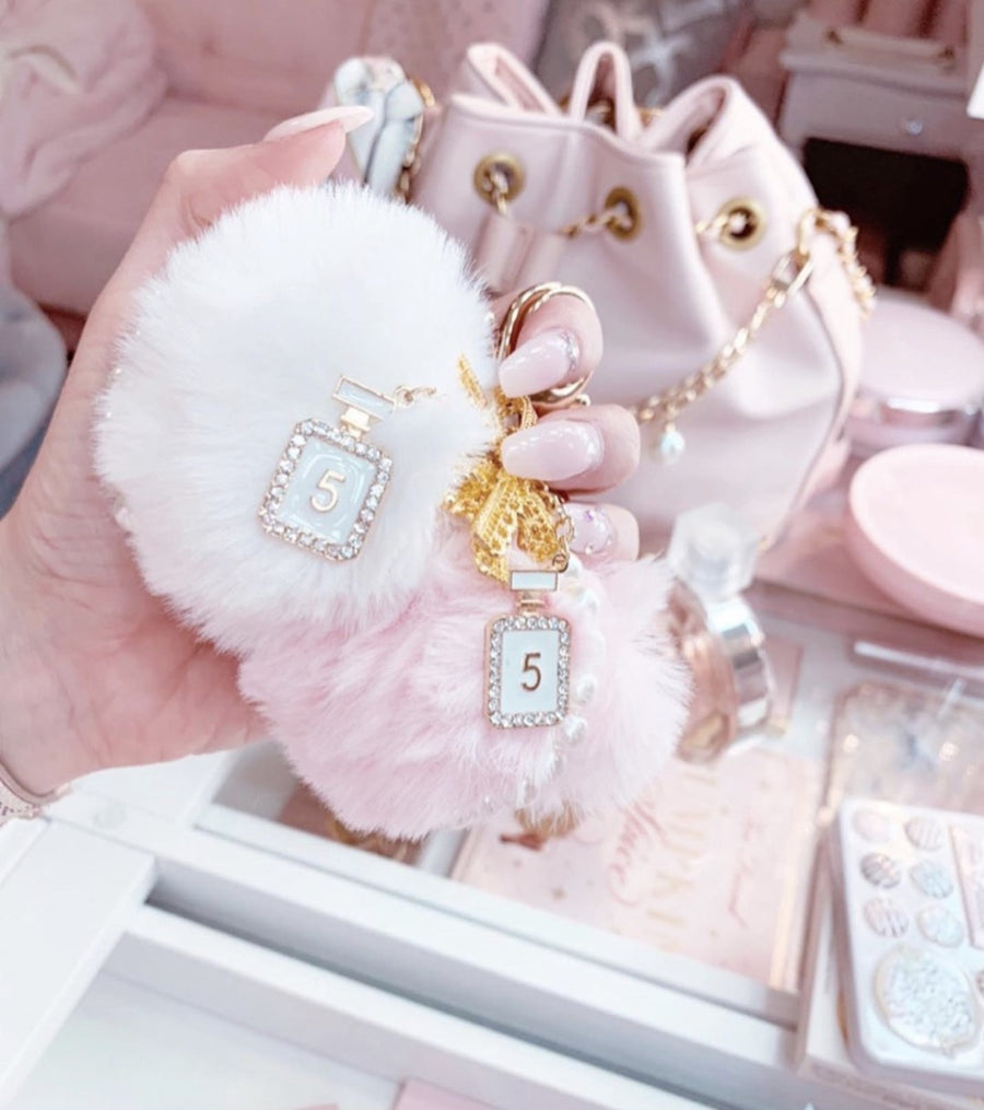 Pink Faux Fur Pom Keychain, Pink Fur Pom Handbag Charm, Gold Bow Keychain