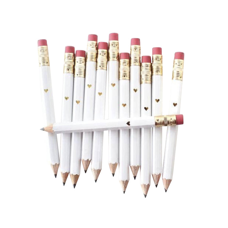 GOLD HEART, MINI WHITE PENCILS SET OF 12