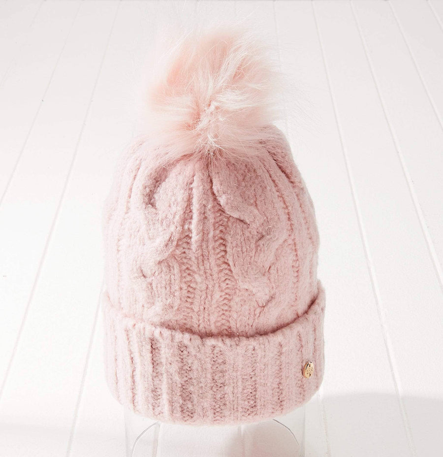 PINK CABLE KNIT POM HAT