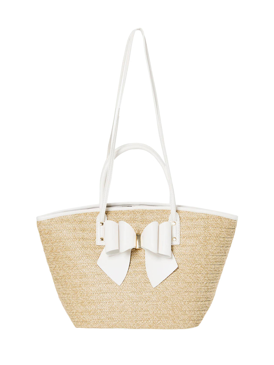 WHITE BOW STRAW TOTE BAG