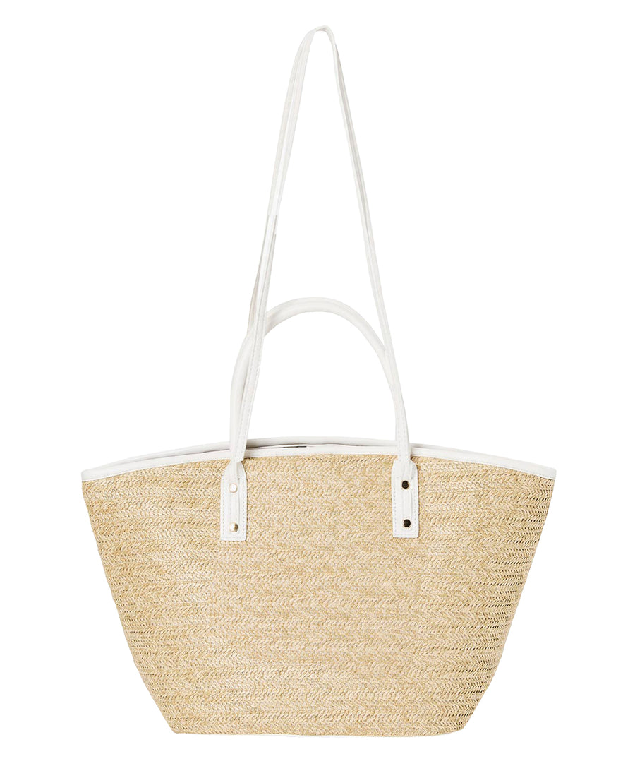 WHITE BOW STRAW TOTE BAG