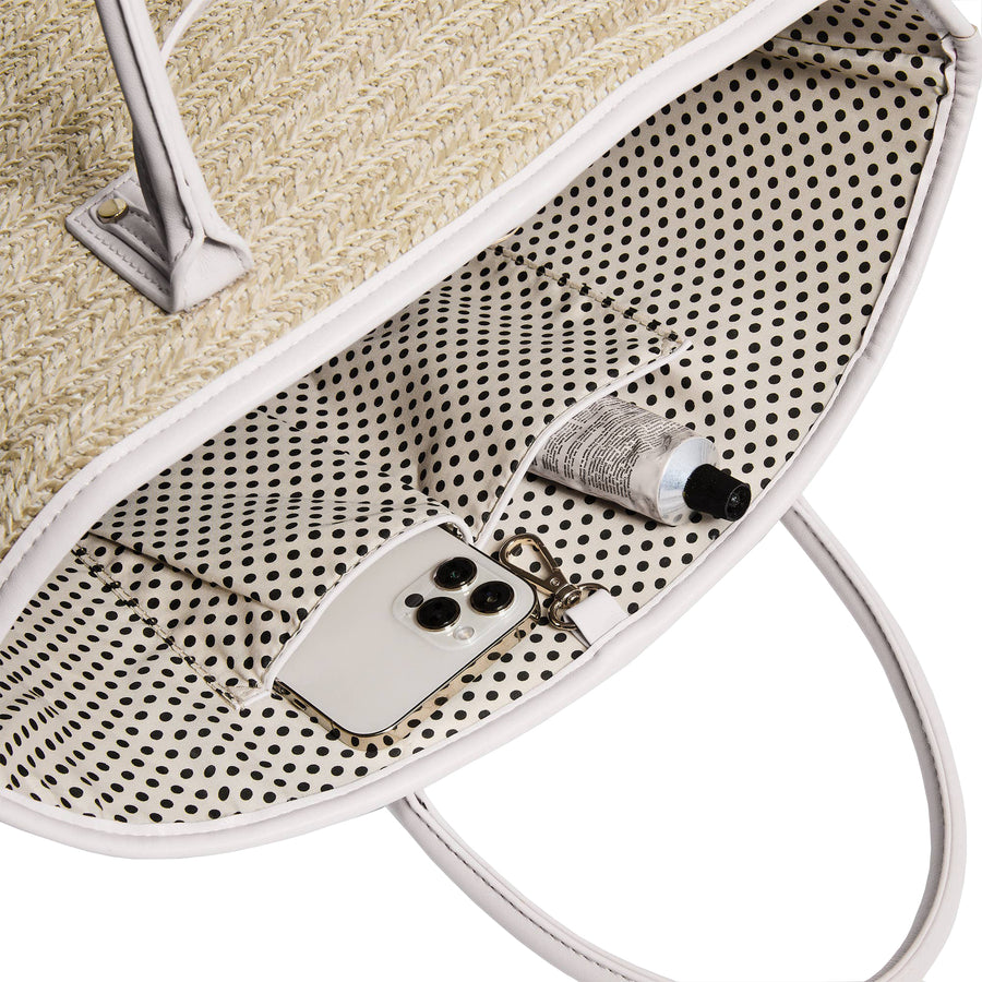 WHITE BOW STRAW TOTE BAG