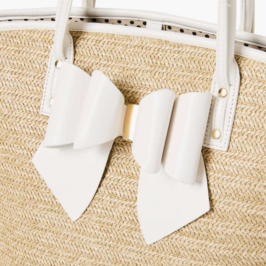WHITE BOW STRAW TOTE BAG