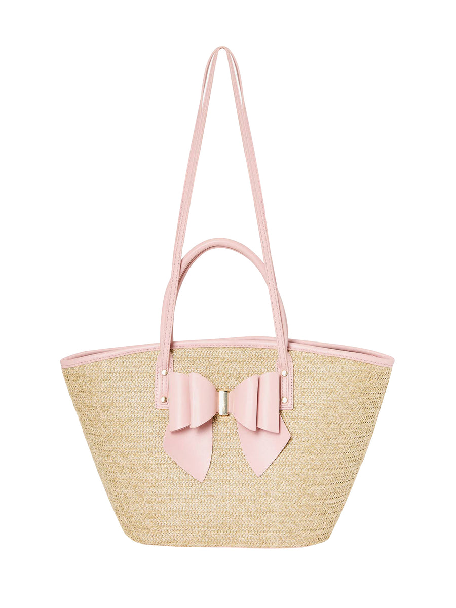 PINK BOW STRAW TOTE BAG