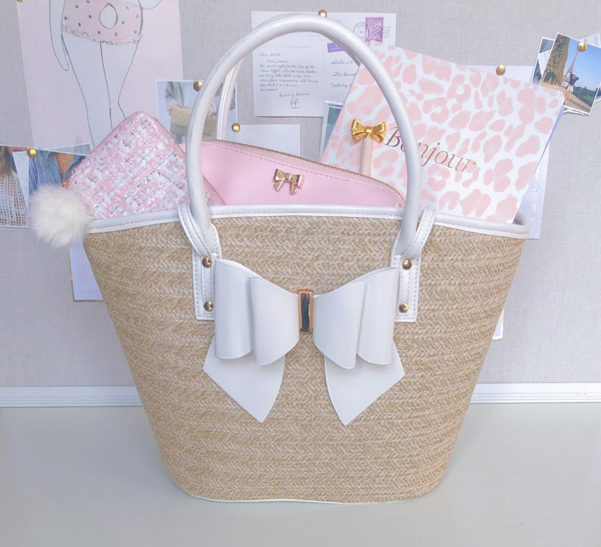 WHITE BOW STRAW TOTE BAG